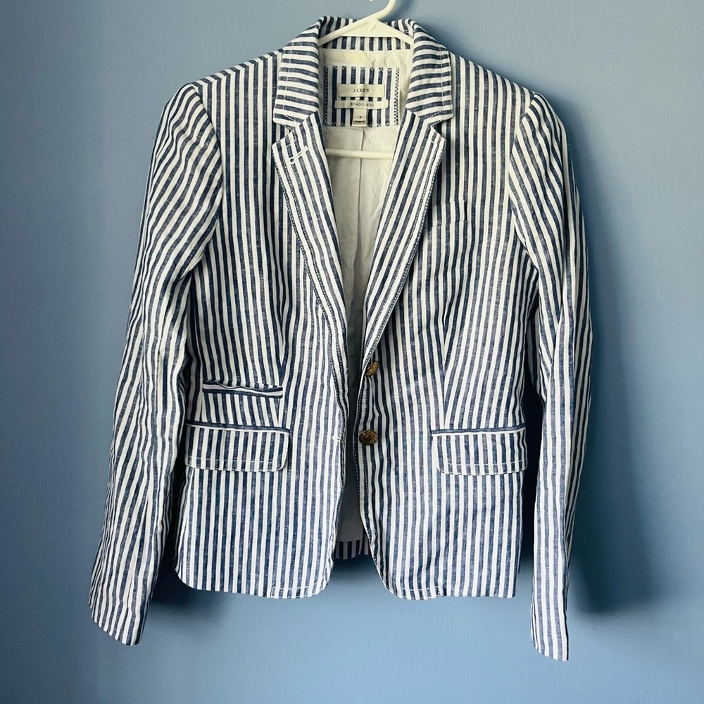 J Crew Schoolboy Blazer Linen Stripe Blue White Gold Button Nautical Size 2 - Picture 2 of 8